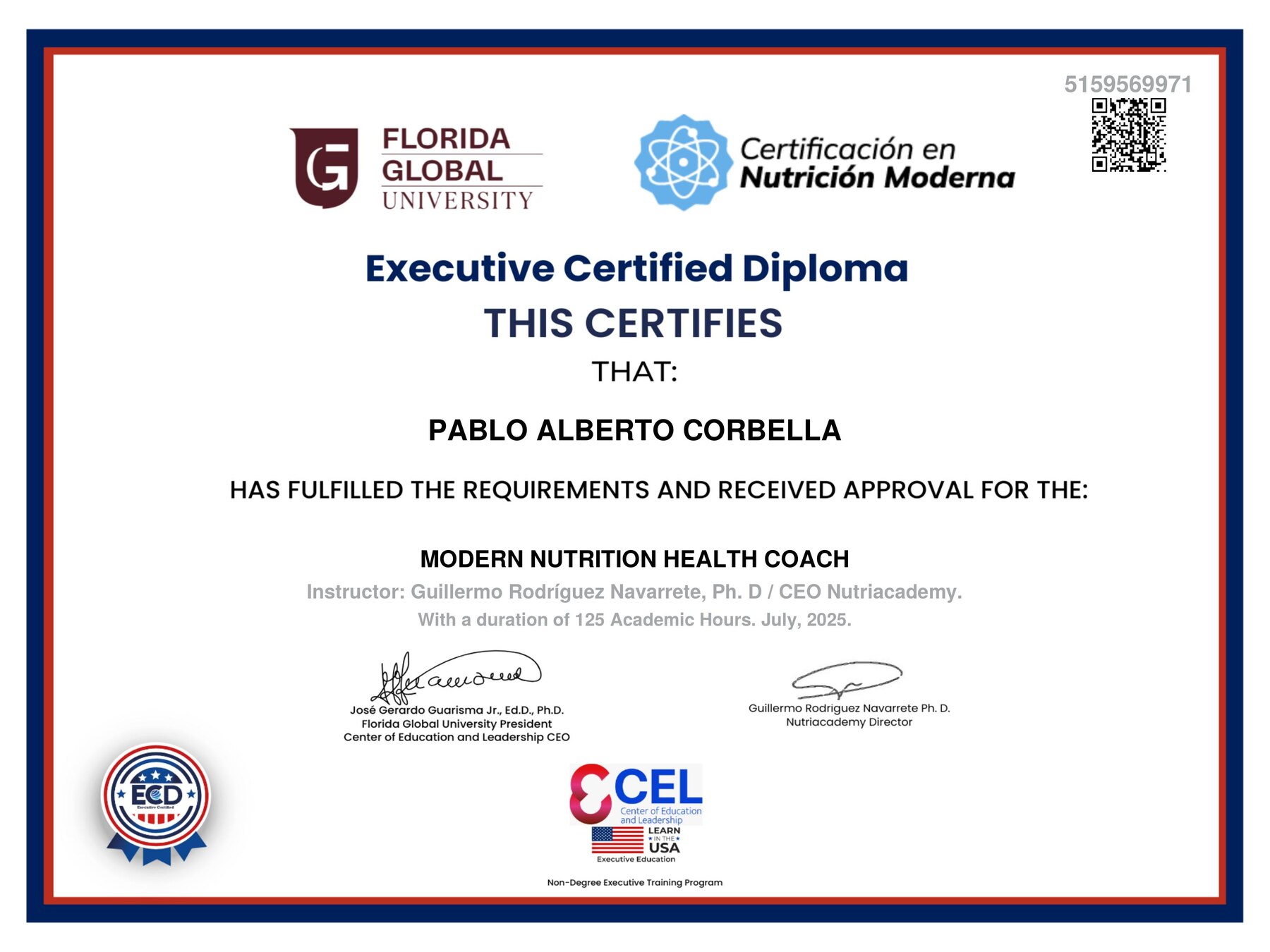 Diploma de Pablo Corbella — Modern Nutrition Health Coach, Florida Global University
