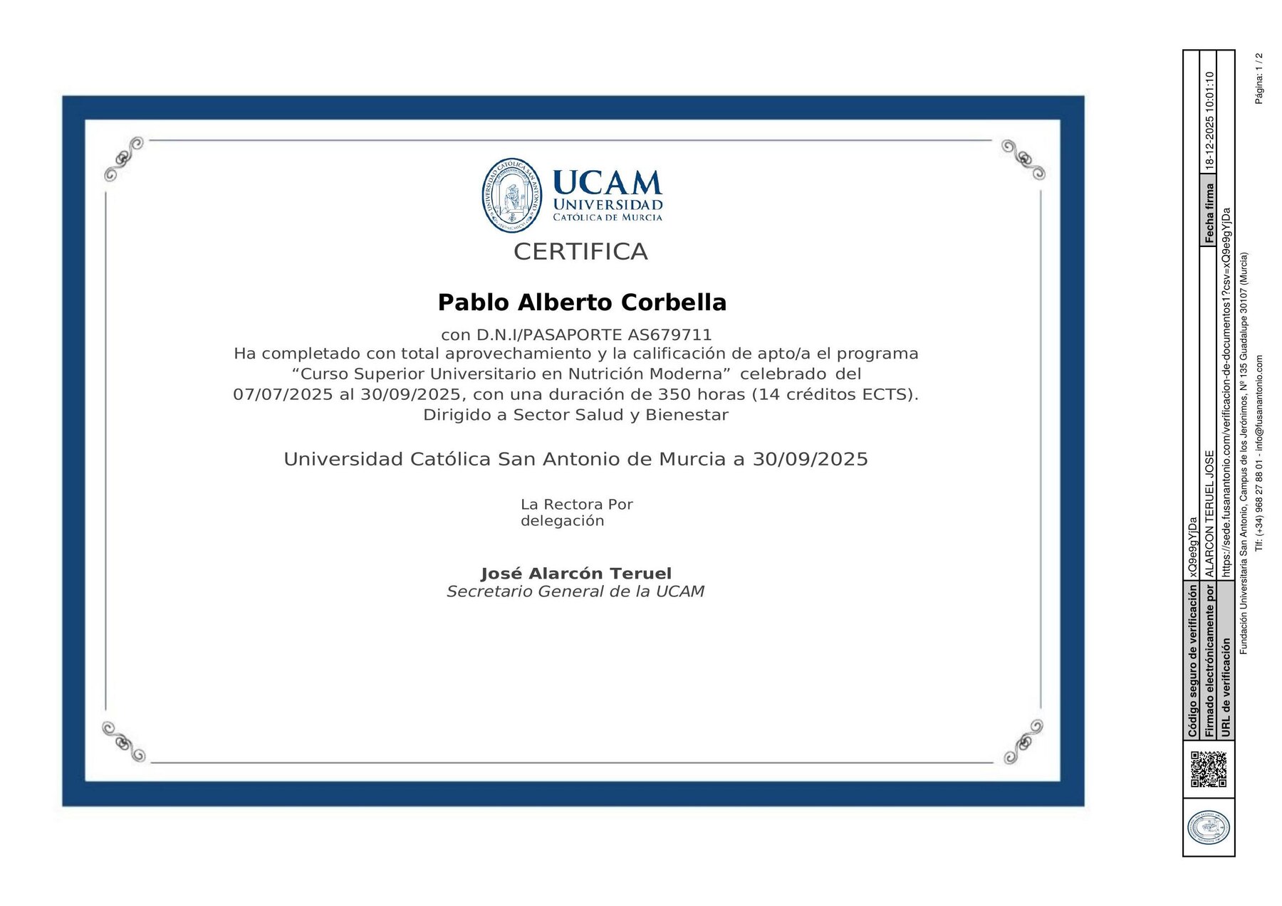 Diploma de Pablo Corbella — Curso Superior Universitario en Nutrición Moderna, UCAM